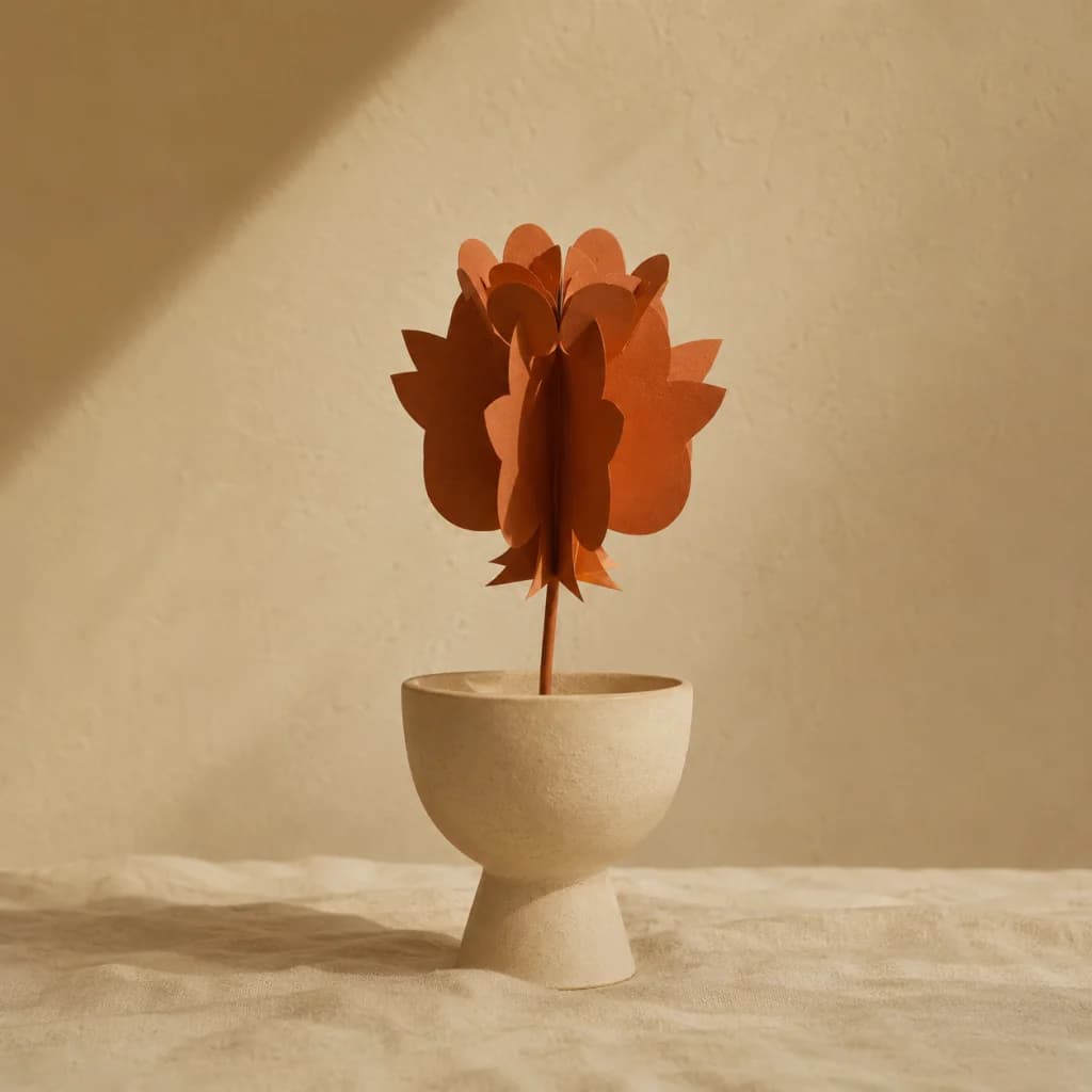Single dried floral element in a hand-thrown ceramic vessel against pale plaster wall