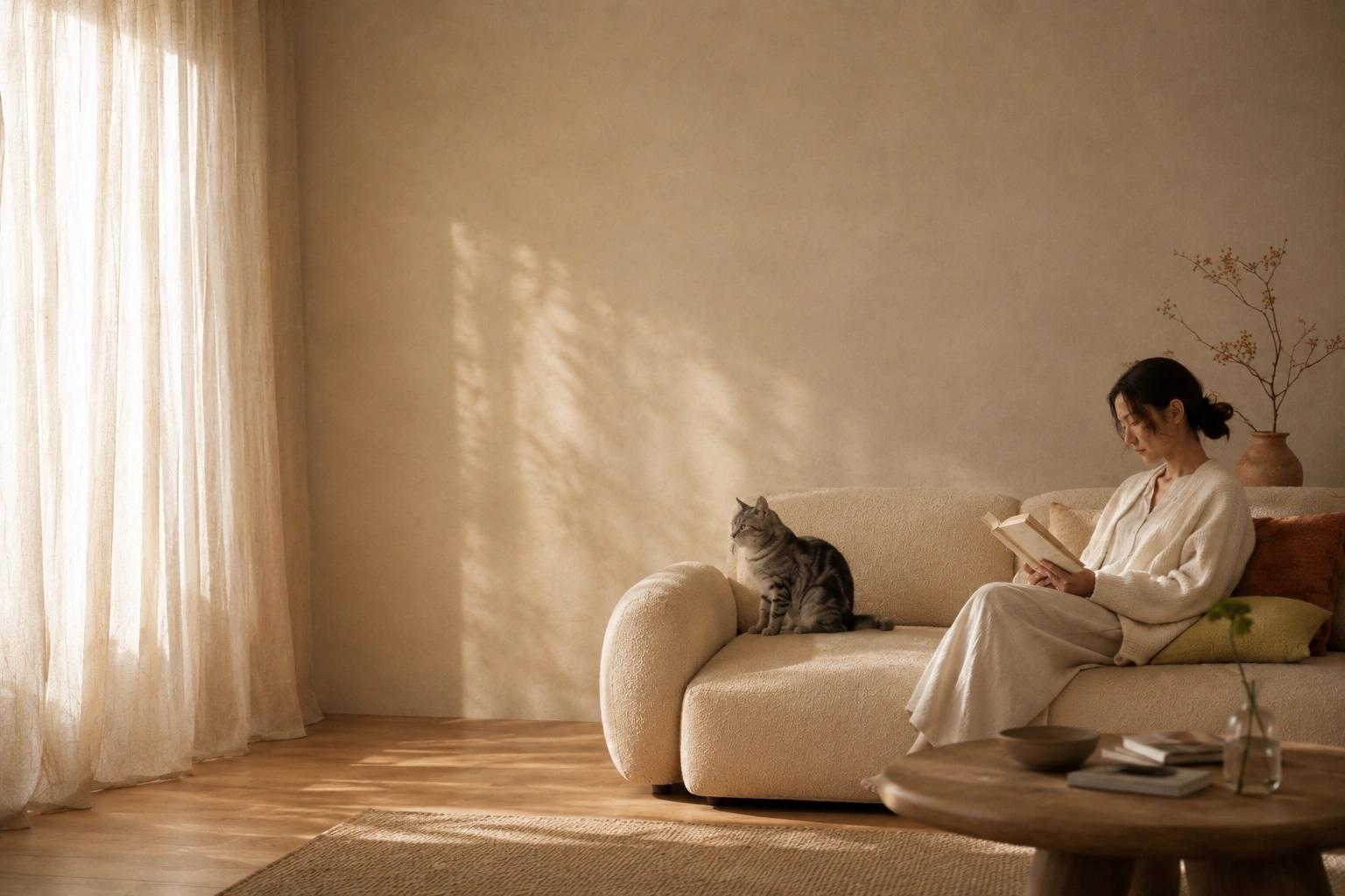 Woman holding a tabby cat on a cream boucle sofa in soft Australian-home daylight
